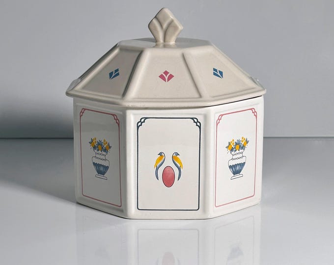 1990s Art Deco cookie jar ceramic tin bird garden speckles brushstroke 90s Memphis Milano container lidded jar