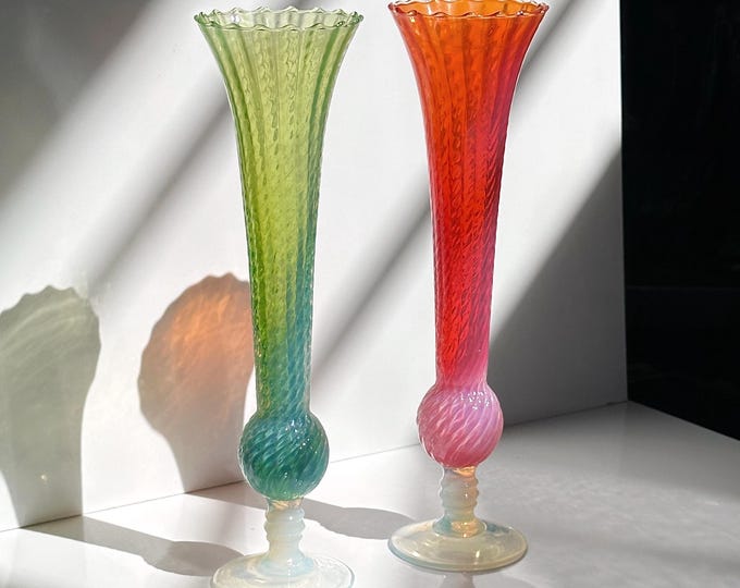Vintage MCM Empoli Vases Pair Opaline Glass Milk Glass Iridescent Pink Green Swirl Italy Vases Mid Century Murano Opalina Fiorentina Filigrana