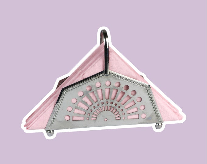 Vintage Napkin Holder Metal Art Deco Revival 1980 80s 80s Silver Geometric