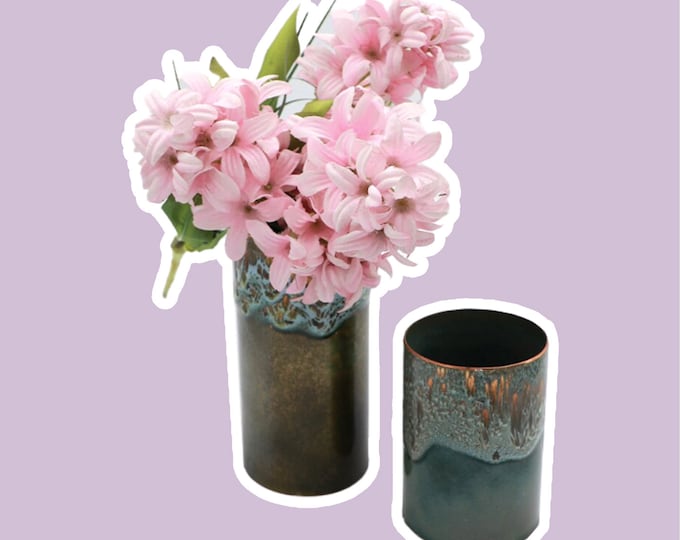 Set of vintage vases metal copper brass enamel enamelled fat lava effect gold turquoise green petrol gradient brutalist 60s 70s mid century