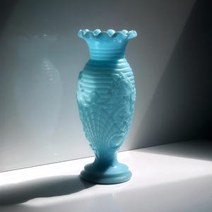 Rare Vallérysthal Opaline Vase Art Nouveau Glass 4597 Opaline Glass Milk Glass Blue Celeste 1900 1910 Portieux Neptune Poseidon Shell Nautical