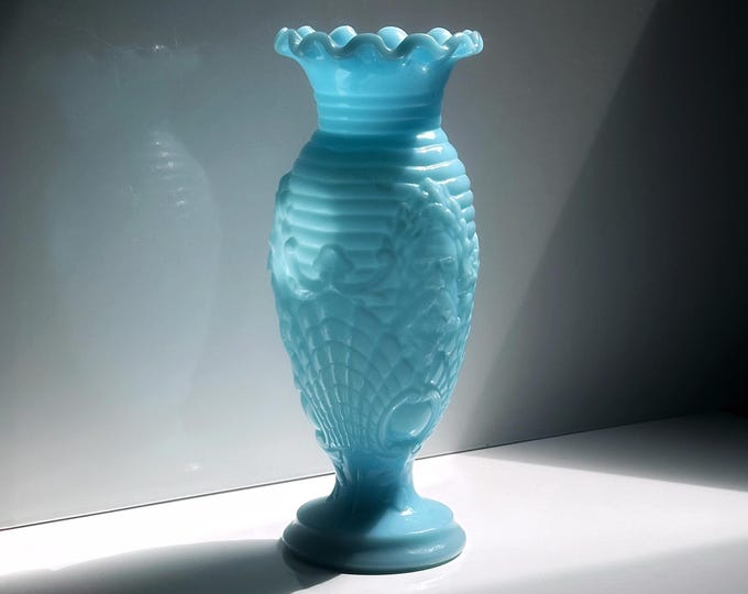 Rare Vallérysthal Opaline Vase Art Nouveau Glass 4597 Opaline Glass Milk Glass Blue Celeste 1900 1910 Portieux Neptune Poseidon Shell Nautical