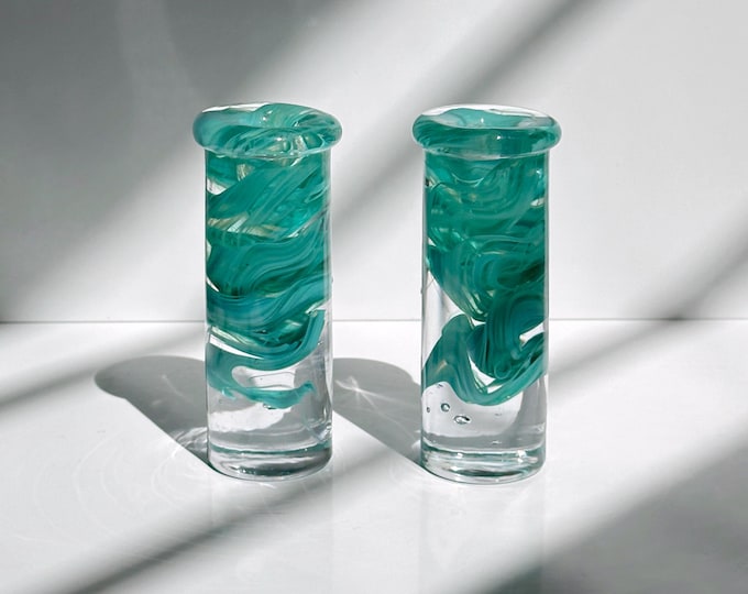 Kosta Boda candlestick pair glass Atoll turquoise mint green Anna Ehrner solid Swirl