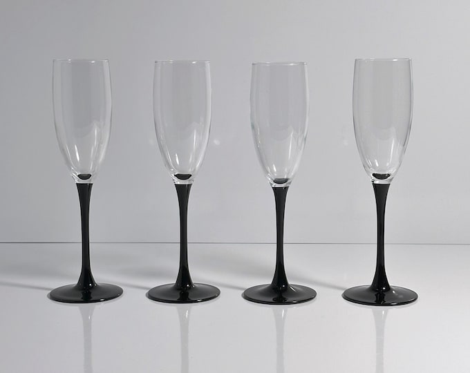 4x Vintage Luminarc Sparkling Wine Glasses 80s Black Goblet Art Deco Revival Champagne Postmodern