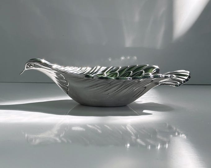 Vintage silver-plated metal bowl bird dove from the 70s Italy Vide Poche silver plate offering bowl