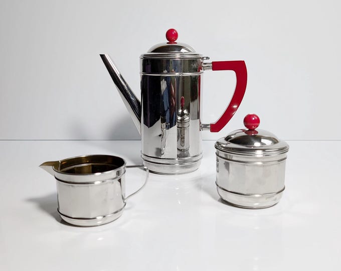 Art Deco Chrome Coffee Set Service 30s Bakelite Jug Milk Sugar Silver Bauhaus 1930
