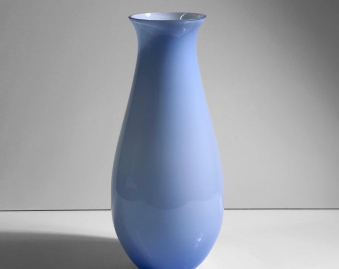 Vintage Italian Murano glass vase, 70s pastel blue, milk glass, Opalina Filigrana