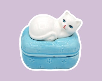 Vintage Ceramic Tin Box Cat on Pillow Kawaii Kitty Blue Lidded White Sugar Container 1980 Storage Cottage Fairy Core