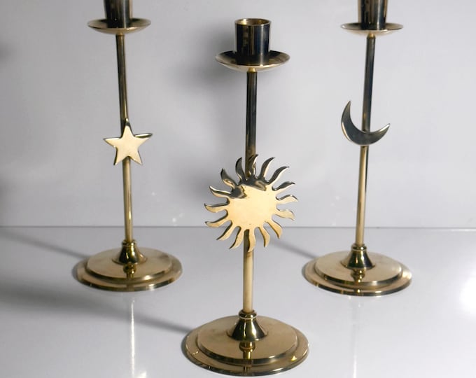 3 x Brass Candle Holders Sun Moon Star Whimsigoth Candlestick Candlestick Metal Gold 80s 90s