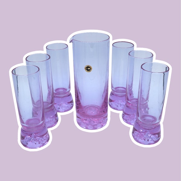 Vintage Set Trink Gläser Alexandrite Glas Geschliffen CAN Italy Neodymium Italien 70er Karaffe Dekanter Kristall Schale Murano Flieder Rosa