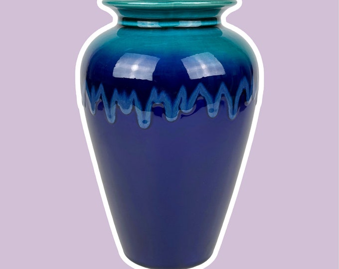 Portuguese Ceramic Vase Craquele Blue Turquoise Green Fat Lava Glaze 1980 80s