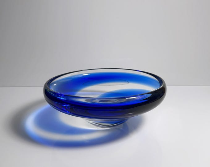 Mid Century Glass Bowl Bohemia CZ Cobalt Blue Swirl Solid Bowl Czechoslovakia