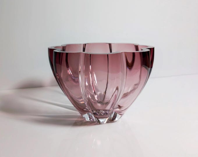 Vintage Crystal Glass Bowl Seguso Technique Cranberry Red Magenta 1980 80s Flowers Floral Blossom Form Violet
