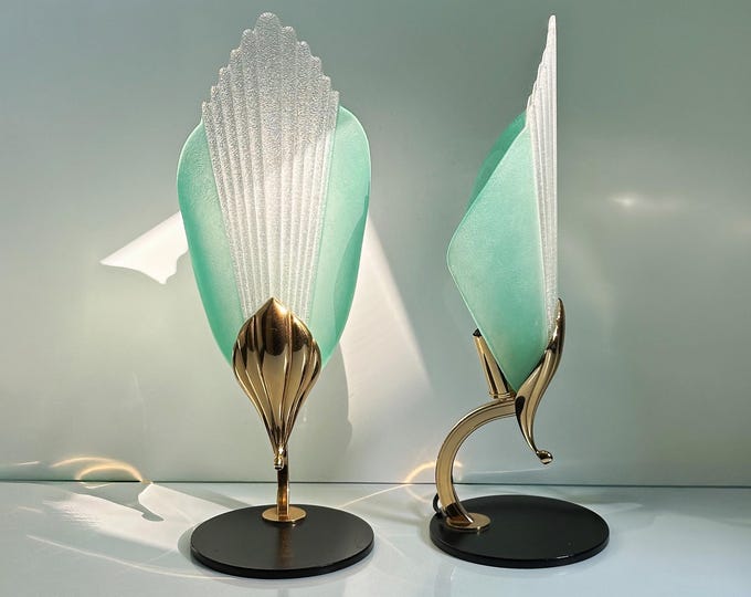 2 Vintage Murano Table Lamp Set Pair Nefertiti Glass Brass Metal Lamp Postmodern 80s 1980 Italy Barovier Toso Venini Vistosi F Fabbian