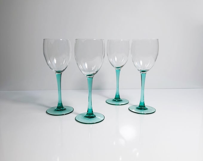 4 Vintage Red White Wine Glasses Turquoise Green Luminarc Glass Goblet 80s Art Deco Revival France