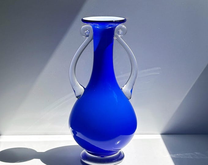 Vintage Handle Vase Milk Glass Blue Cobalt Ultramarine Flower Vase 80s Postmodern Memphis