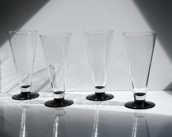 4 Vintage Luminarc Beer Glasses Black Conical Ice Cream Cup Dessert Domino 80s Black Goblet Chalice Art Deco Revival