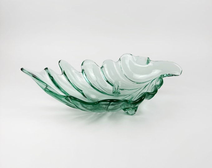 Vintage Glass Footed Bowl France Water Green Leaf Floral Pressed Glass Plate Offering Bowl 80s 90s Luminarc Arcoroc