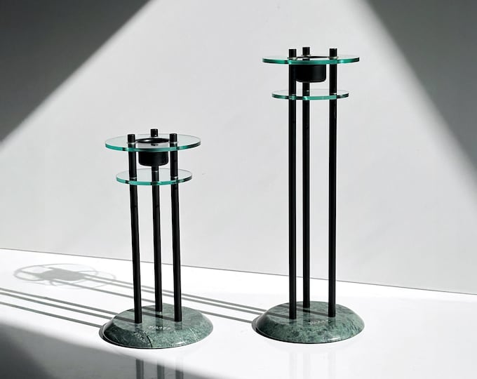 Milano Series Design 80s Art Deco Revival Candlestick Postmodern Marble Green Pair Set Metal Black Glass Candlestick