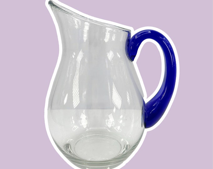 Large 80s Glass Carafe Cobalt Blue Handle 1980s