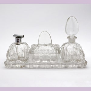Vintage Art Deco Hairdressing Set Bathroom 1930 Lidded Tin Comb Bowl Perfume Bottle Glass Cut Crystal