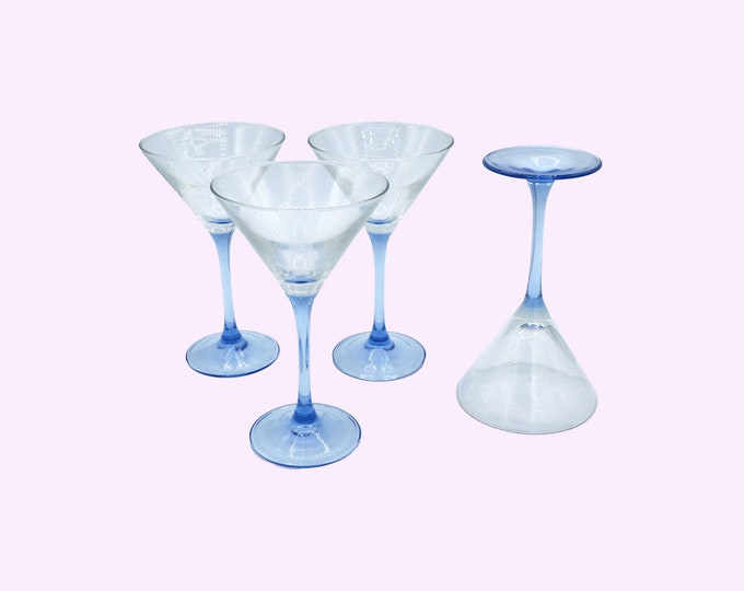 4 Vintage Martini Glasses Blue Azur Light Blue Luminarc Rose Sparkling Wine Bowls Goblet Chalice Minimalist 80s Art Deco Revival France
