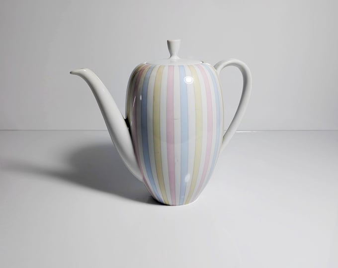 Vintage 50s Coffee Tea Pot Eschenbach Stripes Pastel Pink Baby Blue Yellow 1950s Porcelain