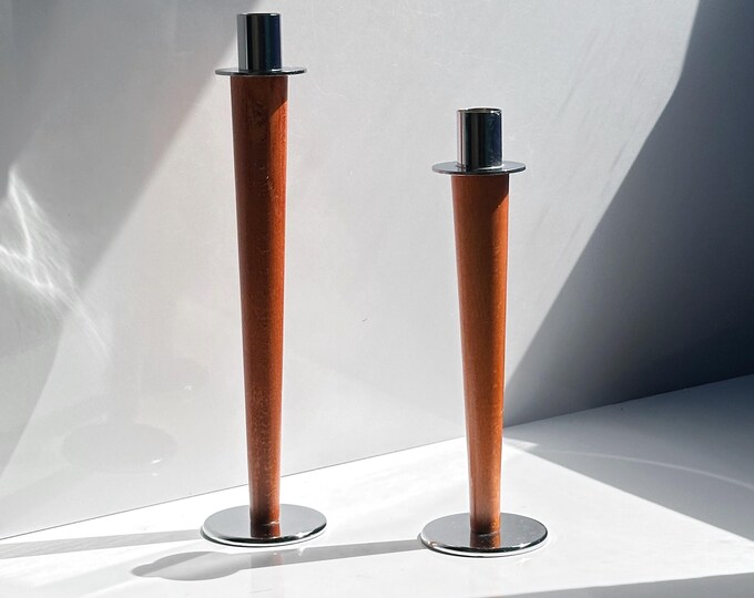 2 Vintage Candlesticks Metal Wood Mid Century 70s 1970 Skandi Japandi Boho Candle Holder Set