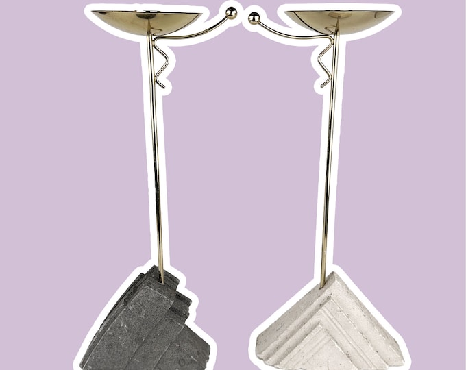 Set of 2 vintage candle holders Postmodern 80s 90s candlestick brass stone marble travertine Memphis Milano Art Deco Revival