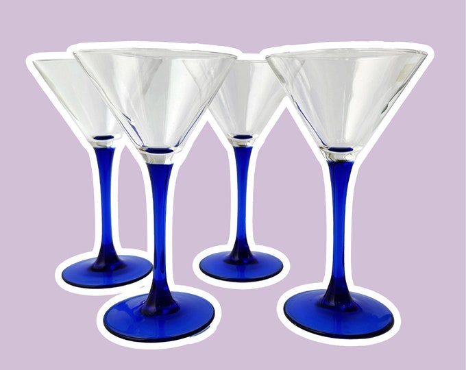 4 Vintage Martini Glasses Blue Oceane Sapphire Luminarc Rose Sparkling Wine Bowls 80s Art Deco Revival France