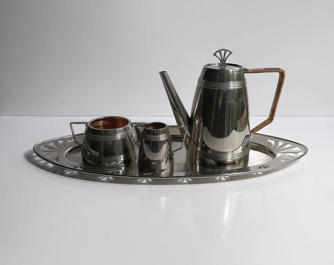 Art Deco Coffee Set Service 30s 1930 Silver Silver Plated Bast Willow Metal Hotel Silver Jug Sugar Milk