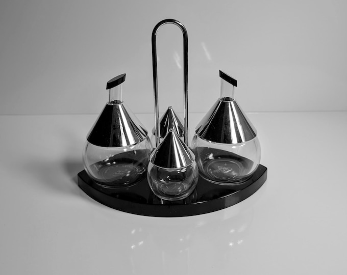 Vintage BMF Cruet 80s Postmodern - Oil, Vinegar, Salt Condiment Set Chrome Metal Glass 80s 1980