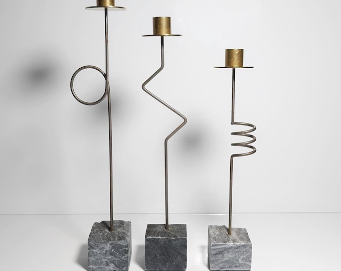 Ikea Krasen candlestick set of 3 postmodern 80s vintage candle holders stone brass Krasen Ehlén Johansson