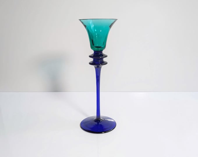 Vintage Glass Candlestick Memphis Milano Style Postmodern Ultramarine Blue Green 1980 1990 Candlestick 80s 90s Candle Holder Y2K