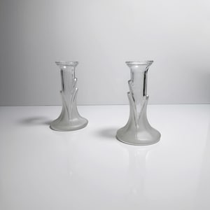 2 Vintage Art Deco Revival Glass Candlestick Candle Holder 80s 1980 80s Floral Matt Satin Frosted