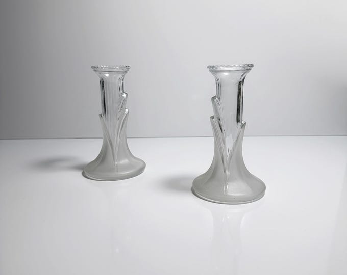 2 Vintage Art Deco Revival Glass Candlestick Candle Holder 80s 1980 80s Floral Matt Satin Frosted