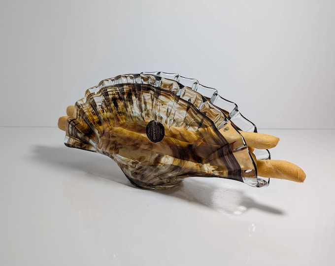 Vintage Murano Glass Bowl Fan Grissini Breadstick Bowl Cordonato d'oro Gold Powder Gold Dust Offering Bowl 1970 70s Mid Century
