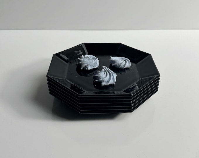 6 DESSERT Plates Arcoroc Octime Black Glass France Set 80s 90s Luminarc France Art Deco Revival
