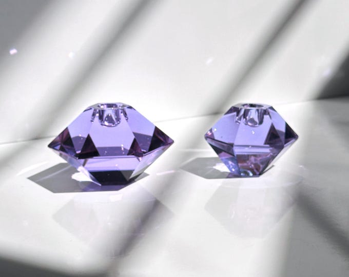 Alexandrite Glass Prism Candle Holder Diamond Crystal 80s Art Deco Revival Italy Neodymium Glass Candlestick Pair