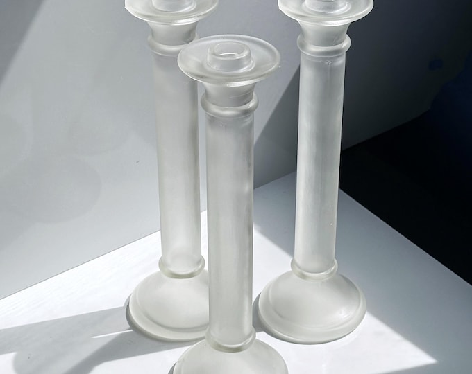 3 Vintage Glass Candlestick Columns Postmodern Satin Transparent Classic 80s Candlestick Candle Holder