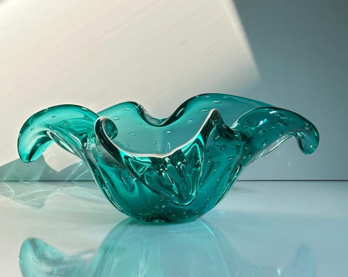 Large Vintage Murano Fruit Bowl Barovier Toso Bullicante Mint Green Turquoise Bubbles Heavy Italy 70s 1970