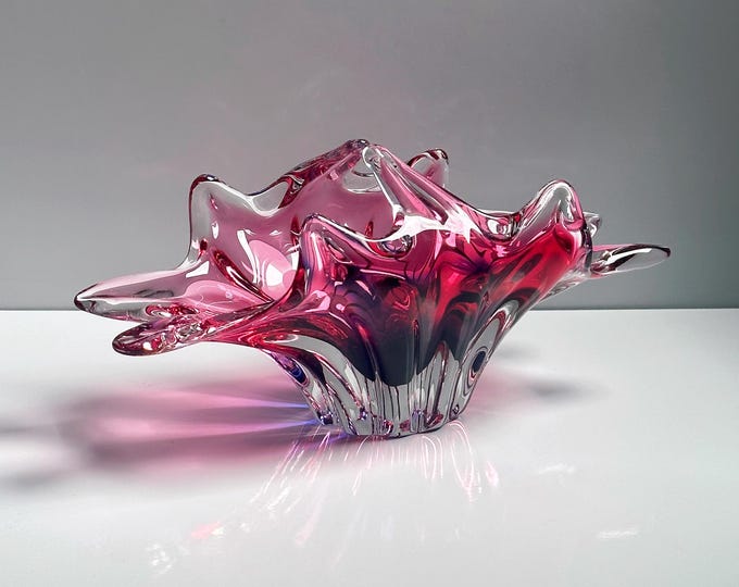 Vintage Bohemian Cranberry Violet Glass Basket Bowl Josef Hospodka - Chřibská Sklo Skrdlovice Sommerso Cased Bohemia Mid Century