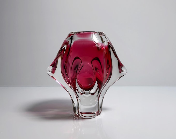 Vintage Vase Josef Hospodka - Chřibská Sklo Glass Cranberry Pink Skrdlovice Sommerso Red Overlay Bohemia Czechoslovakia Mid Century