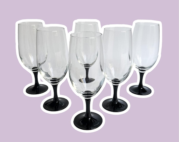 6 Vintage Luminarc Domino Beer Longdrink Glasses 80s Black Goblet Chalice Art Deco Revival Champagne Postmodern Tankard