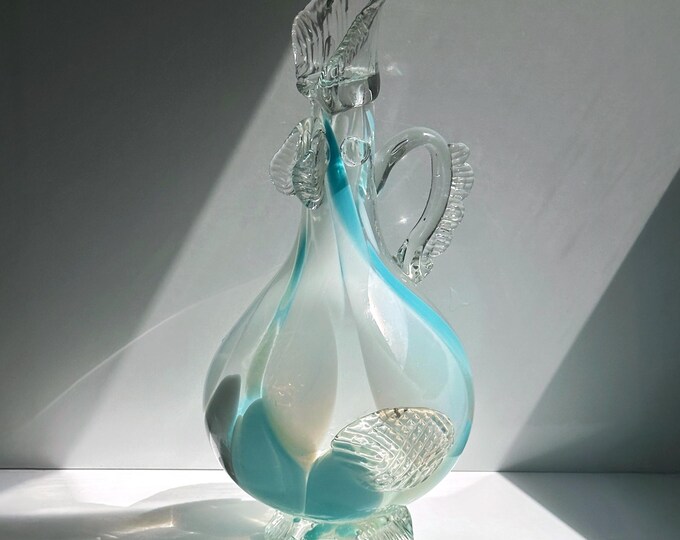 Vintage Murano Flower Vase Handmade Rooster Hen Blue 70s Mid Century Italy Mouth Blown