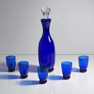 Cobalt Blue Decanter + 5 Shot Glasses Bohemian Ultramarine Blue CZ Bohemia Carafe Bottle Stopper