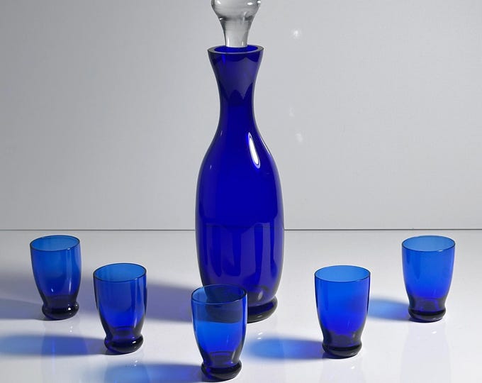 Cobalt Blue Decanter + 5 Shot Glasses Bohemian Ultramarine Blue CZ Bohemia Carafe Bottle Stopper