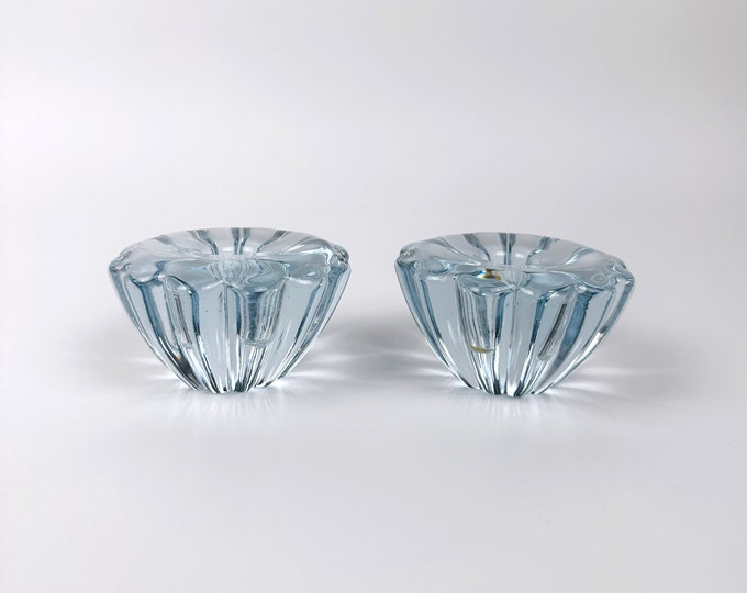 2 blue crystal glass candle holders Orrefors Sweden Solaris Sven Palmquist Mid Century