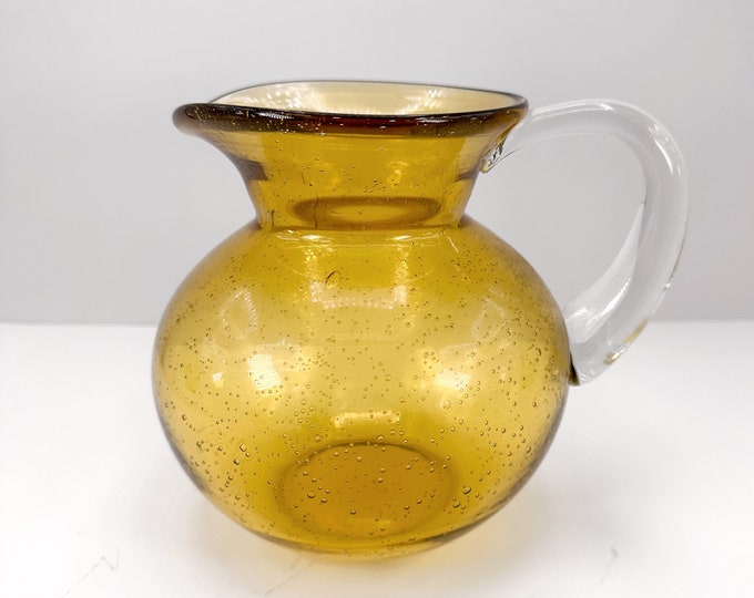 1970s Murano Glass Carafe Yellow Amber Bubbles Mid Century Modernist Juice Water Glass Jug 70s