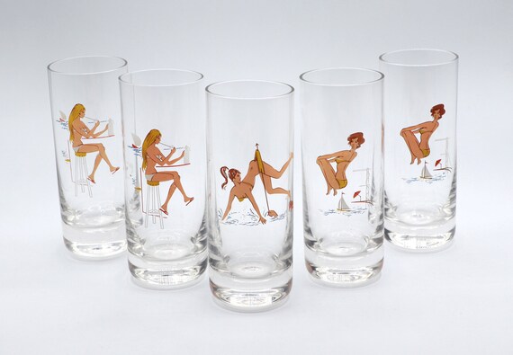 5 Vintage Drinking Glasses Pin up Erotica Mid Century Women on the 